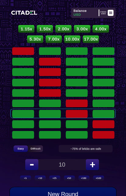 Playing Citadel Minefield game on mobile device with interactive grid