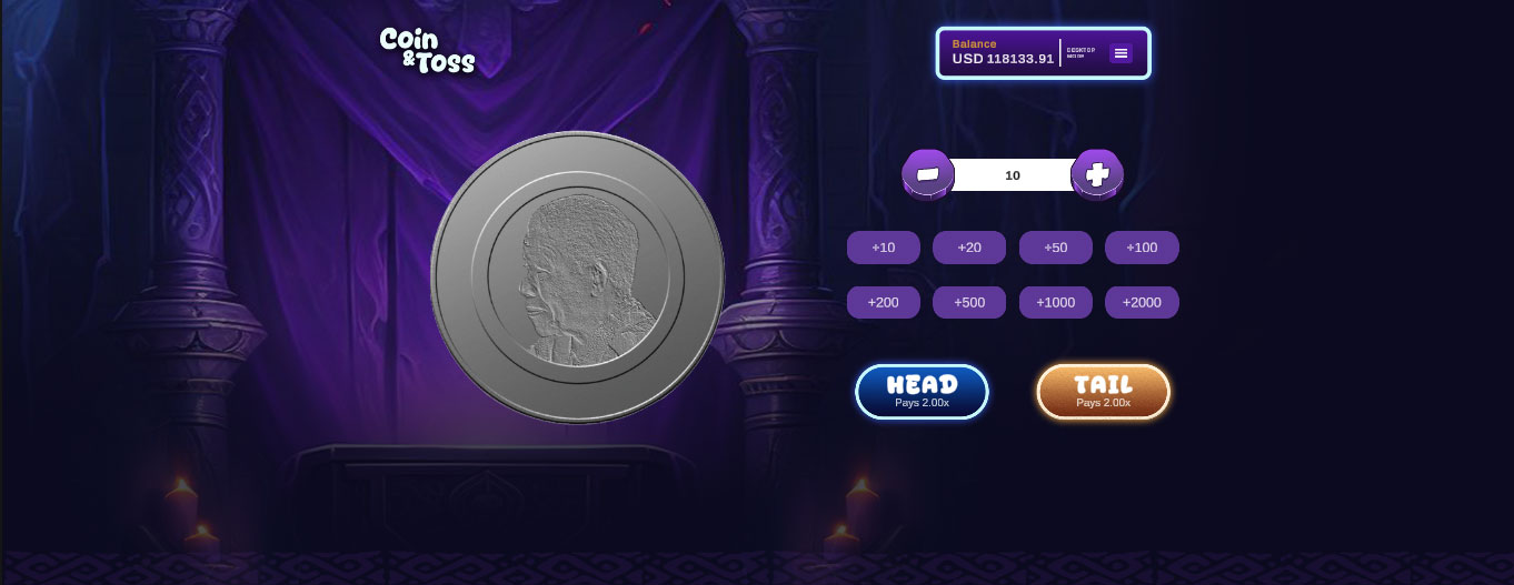 Coin Toss Crash Game interface showing virtual coin and multiplier on Betway