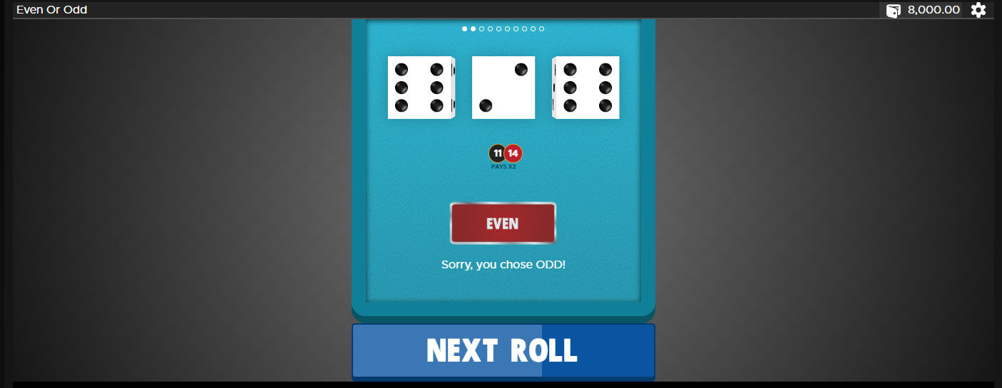 Exciting Even or Odd dice game screenshot showing gameplay