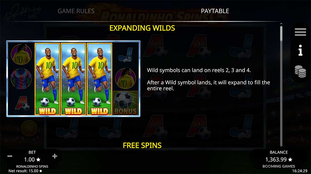 Ronaldinho Spins Paytable